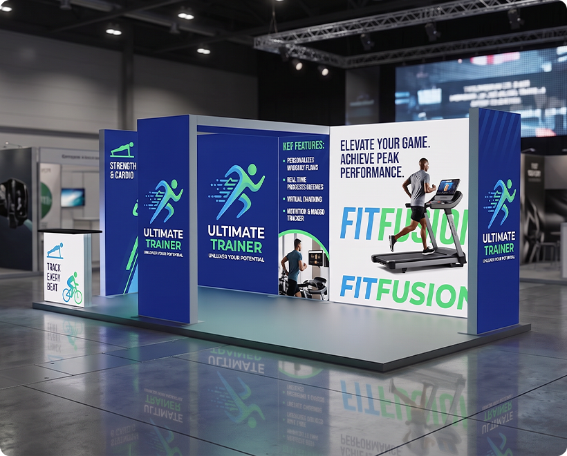 20 ft Backlit Trade Show Display - LED Lightbox Display with Counters & Side Panels Digital Fitness App
