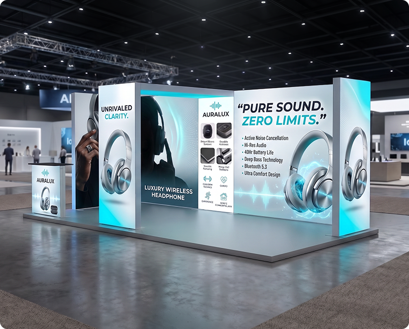 20 ft Backlit Trade Show Display - LED Lightbox Display with Counters & Side Panels Headphone Company