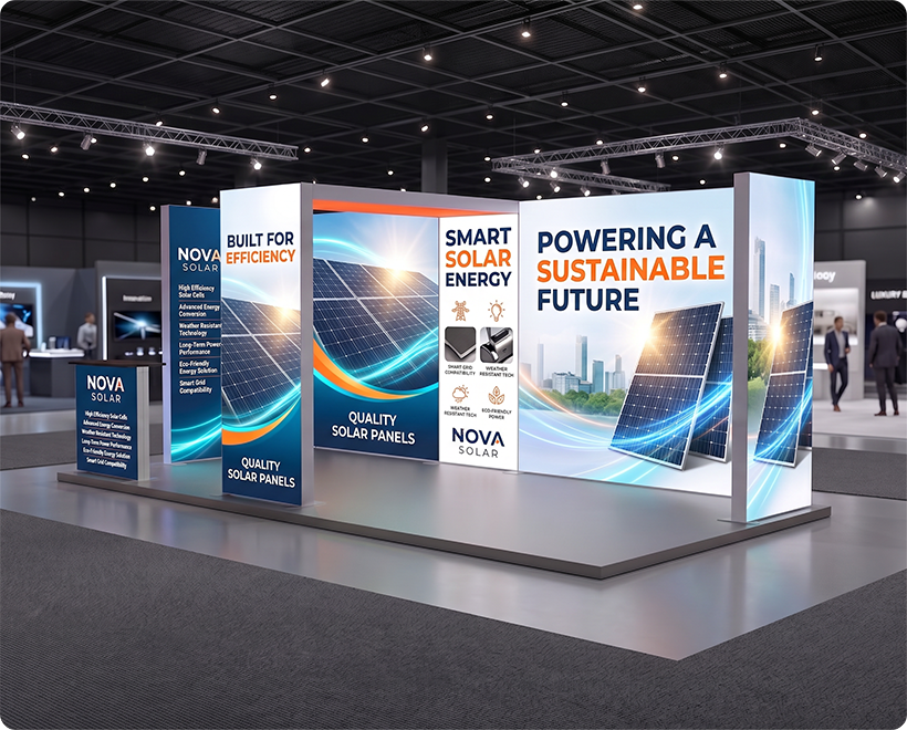 20 ft Backlit Trade Show Display - LED Lightbox Display with Counters & Side Panels Solar Panels
