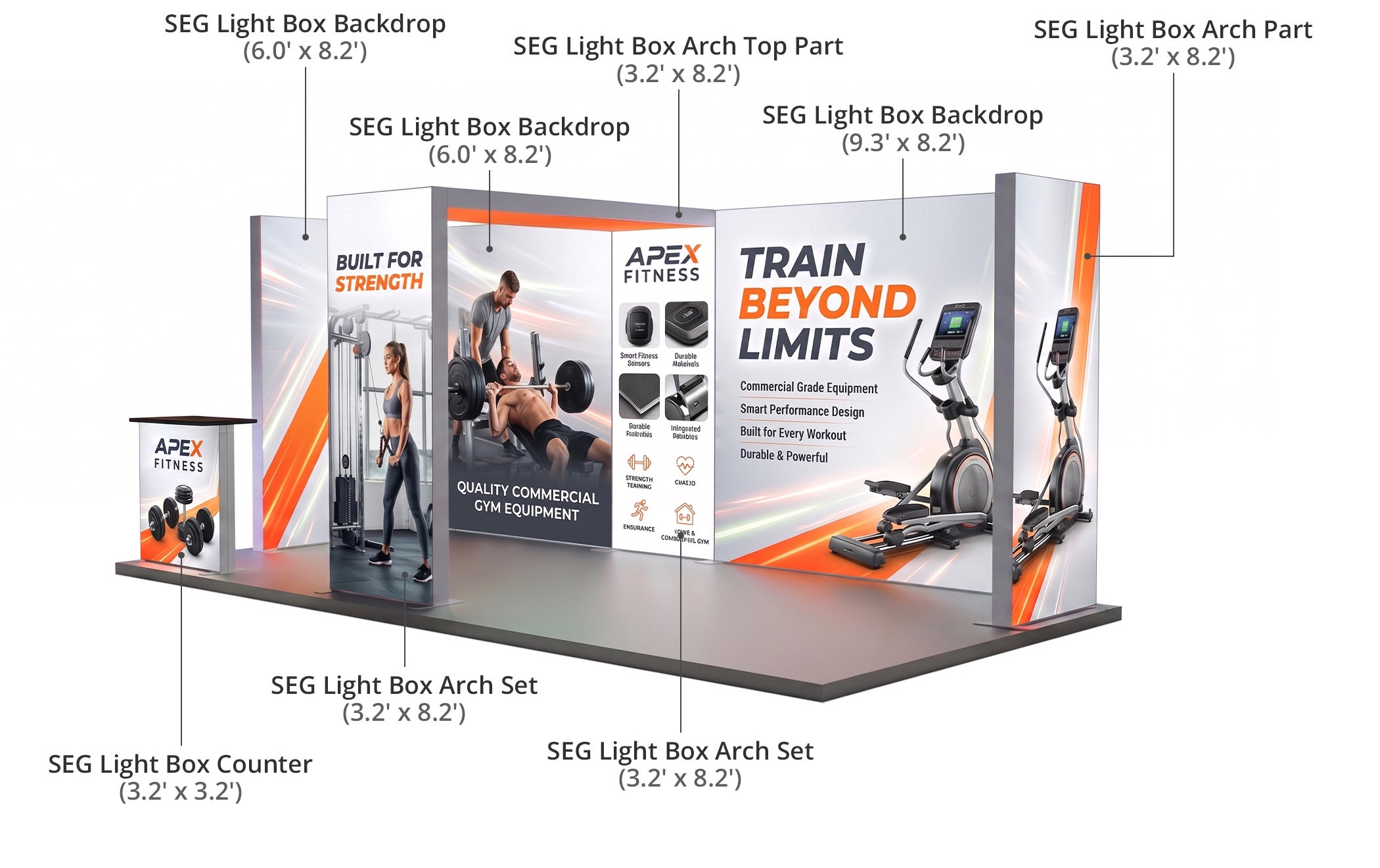 20 ft Backlit Trade Show Display - LED Lightbox Display with Counters & Side Panels Components & Sizes