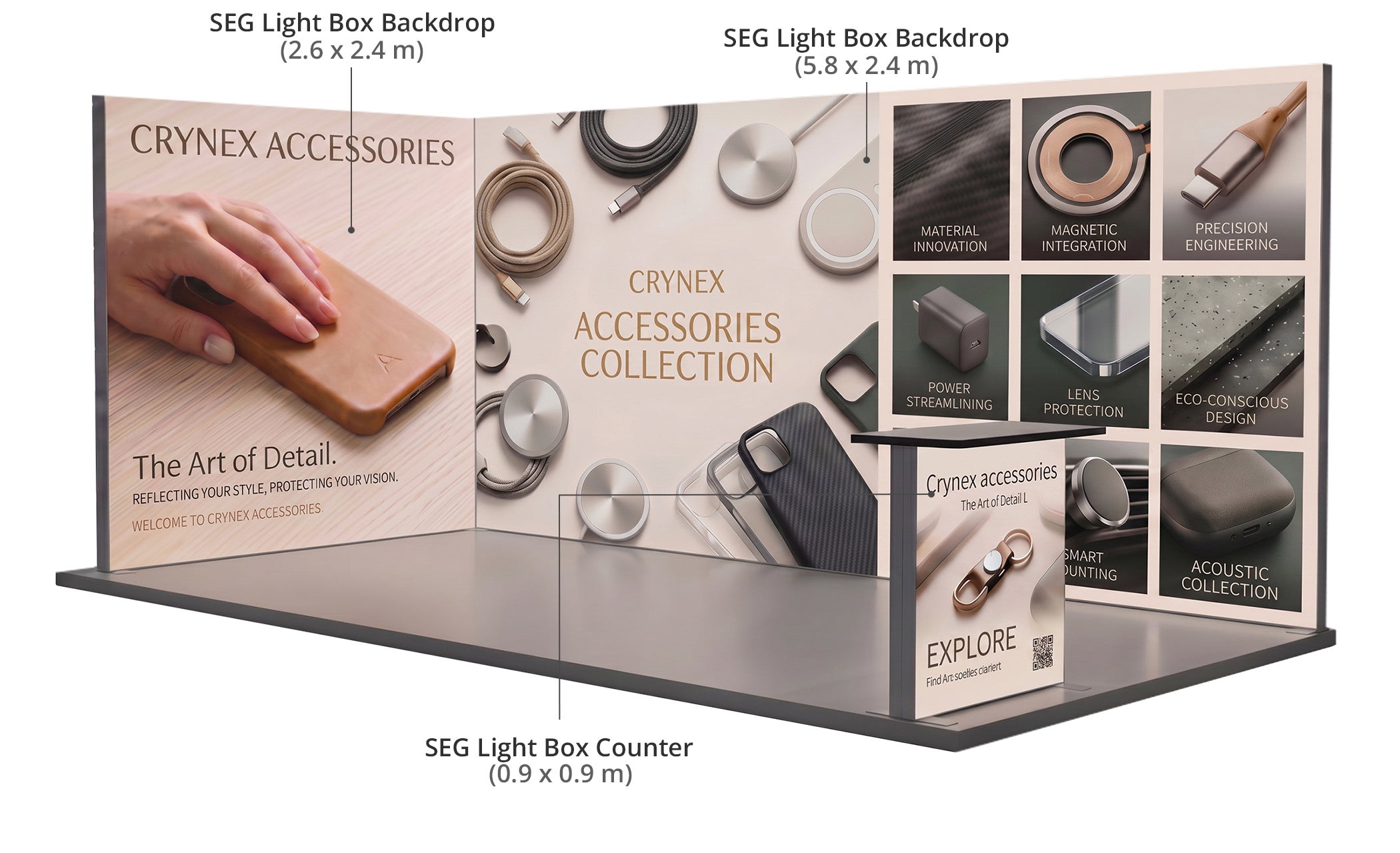 6 m Backlit Exhibition Stand - LED Lightbox Display with Counters & Storage Components & Sizes