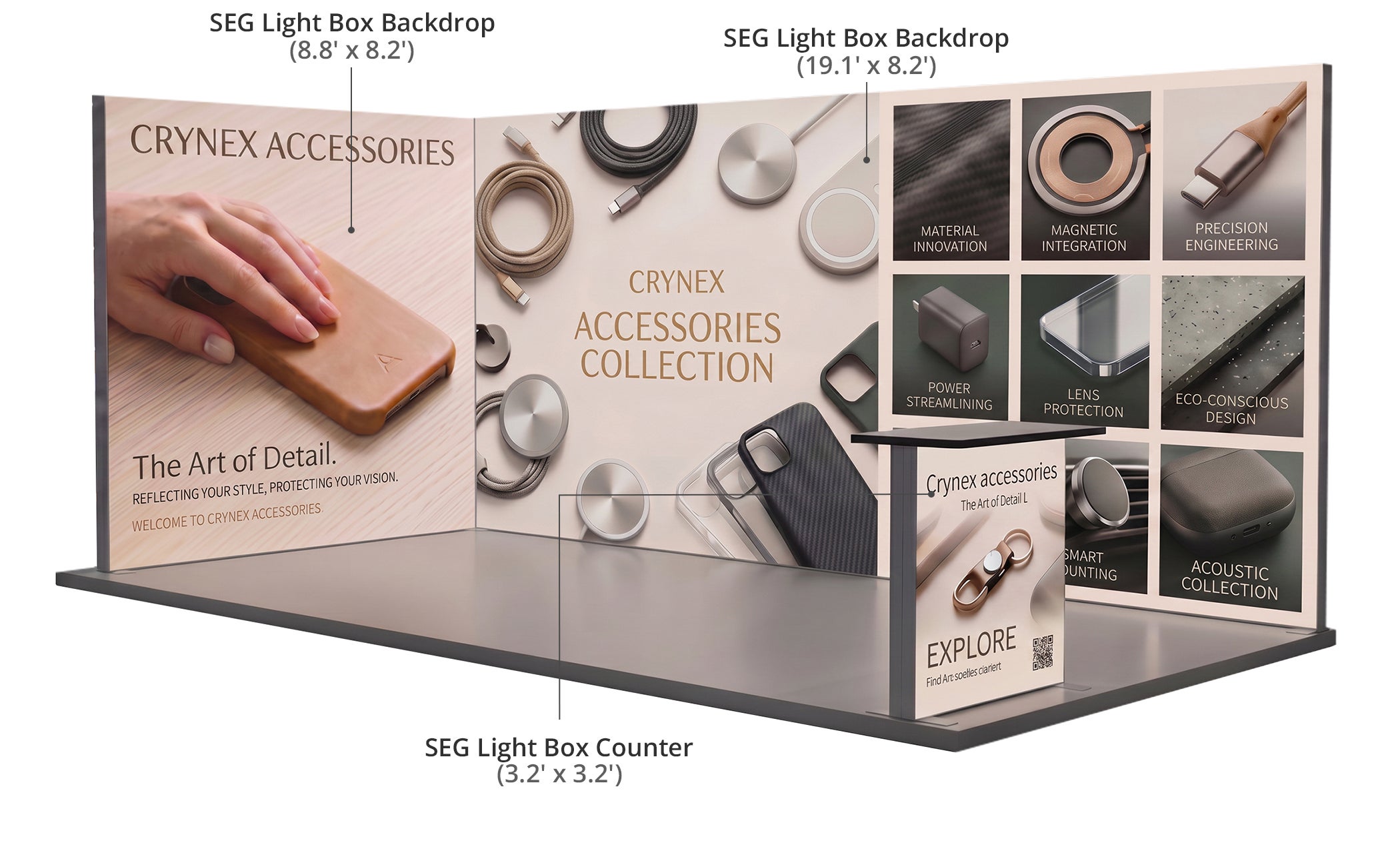20 ft Backlit Trade Show Display - LED Backwall Display with Counters & Storage Components & Sizes