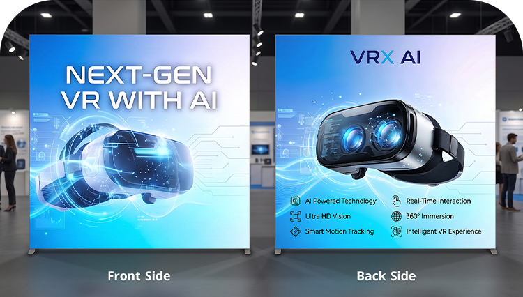 6 m Backlit Exhibition Stand - LED Lightbox Backwall with Shelving Double Side Print mobile