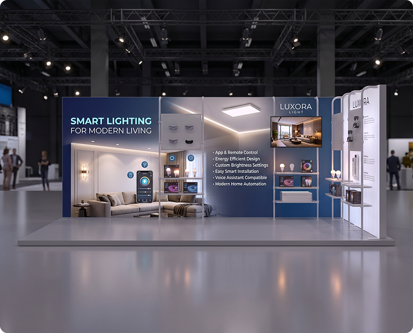 6 m Backlit Exhibition Stand - LED Lightbox Backwall with Shelving Smart Light Automation