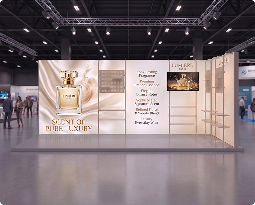 6 m Backlit Exhibition Stand - LED Lightbox Backwall with Shelving Perfume Company