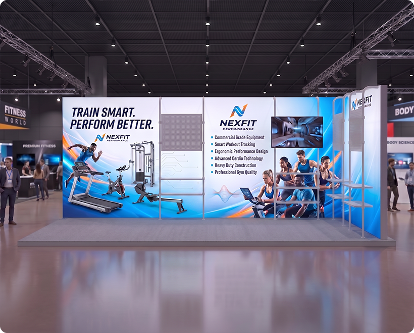 6 m Backlit Exhibition Stand - LED Lightbox Backwall with Shelving Gym Equipment