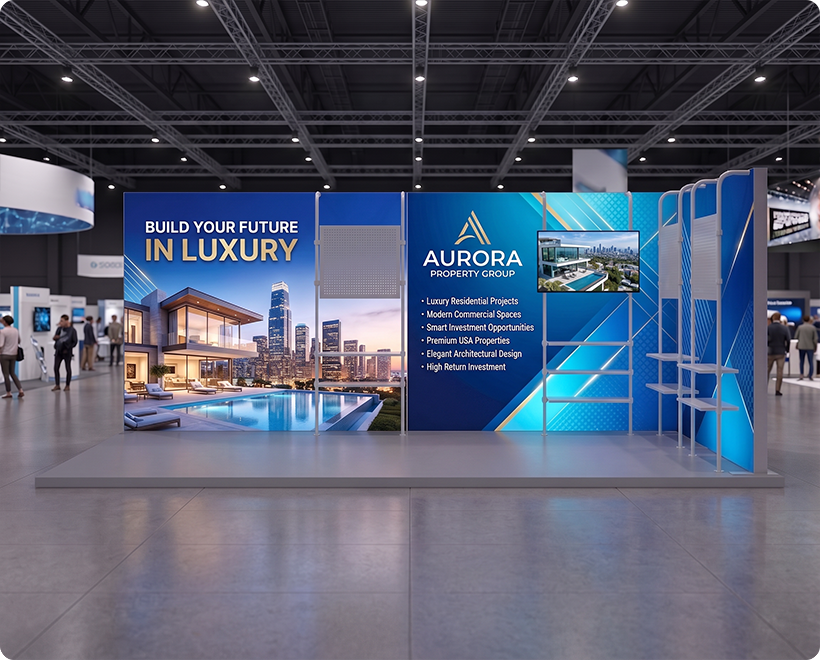 6 m Backlit Exhibition Stand - LED Lightbox Backwall with Shelving Real Estate Marketing