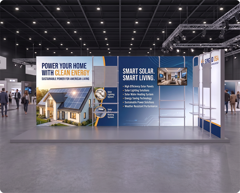 6 m Backlit Exhibition Stand - LED Lightbox Backwall with Shelving Solar Panels