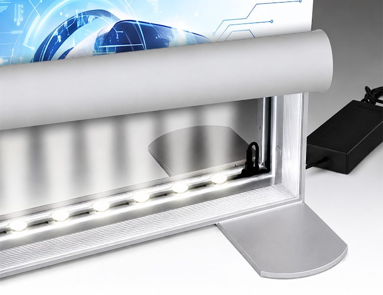 6 m Backlit Exhibition Stand - LED Lightbox Backwall with Shelving Integrated LED Lighting