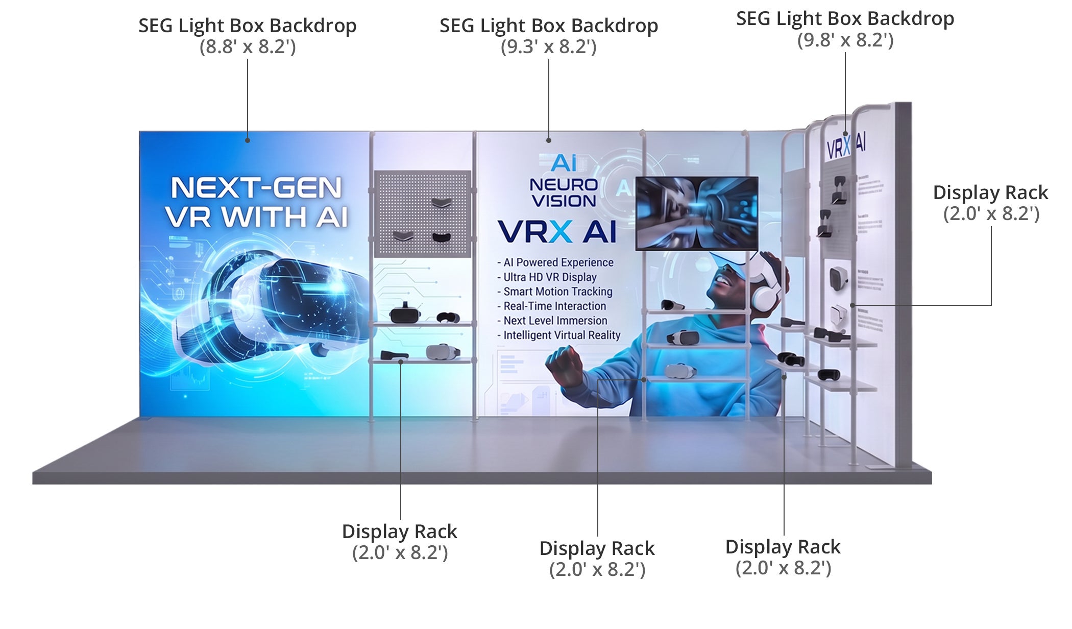 20 ft Backlit Trade Show Display - LED Lightbox Backwall with Shelving Components & Sizes