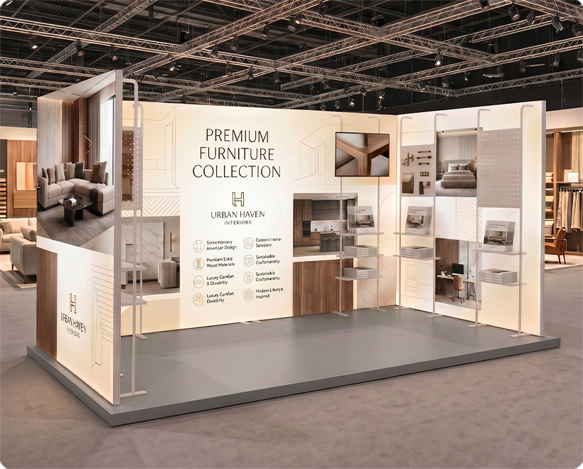 20 ft Backlit Trade Show Display - LED Lightbox Display with Shelving Furniture