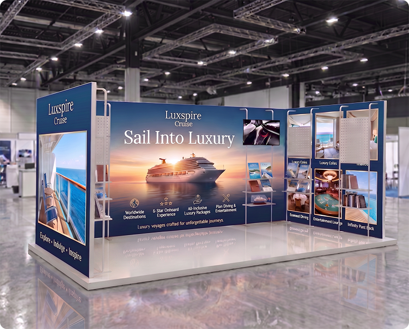 20 ft Backlit Trade Show Display - LED Lightbox Display with Shelving CruiseWorld