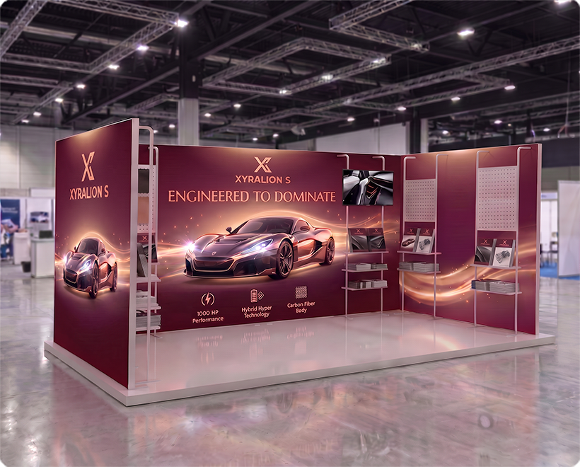 20 ft Backlit Trade Show Display - LED Lightbox Display with Shelving Sport Car Launch