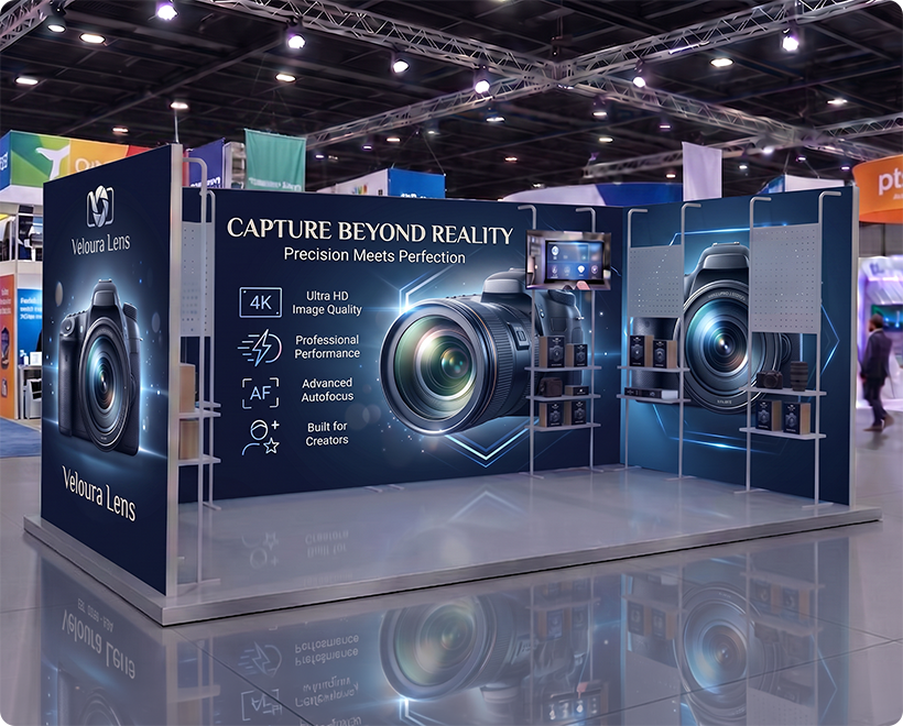 20 ft Backlit Trade Show Display - LED Lightbox Display with Shelving DLSR Camera