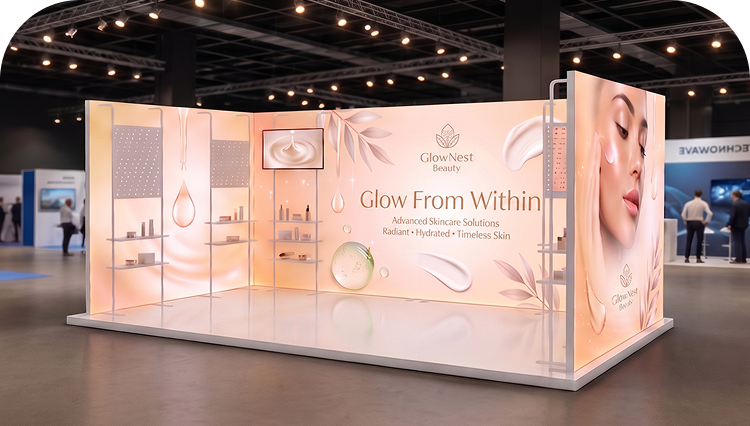 20 ft Backlit Trade Show Display - LED Lightbox Display with Shelving banner image mobile