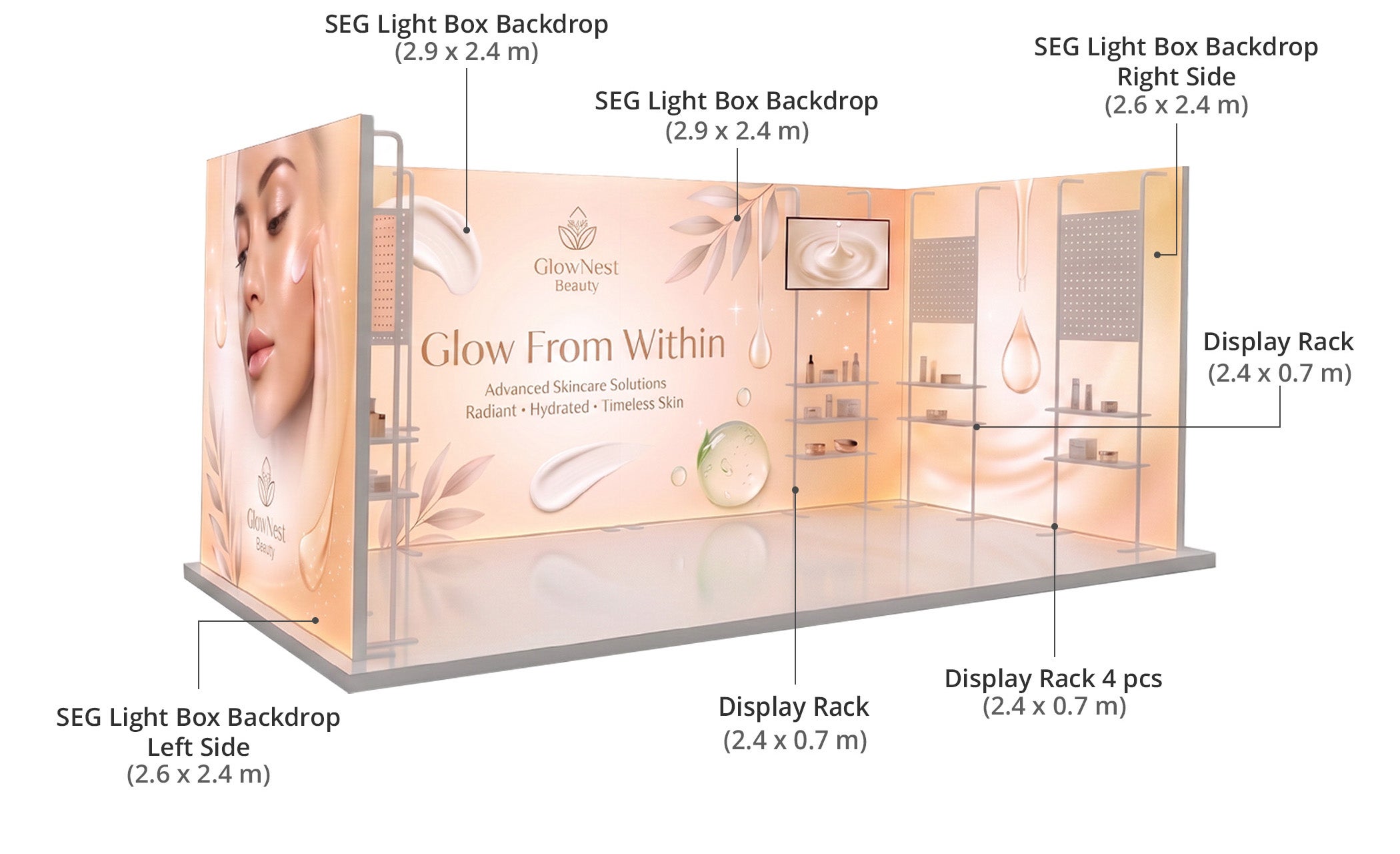 6 m Backlit Exhibition Stand - LED Lightbox Display with Shelving Components & Sizes