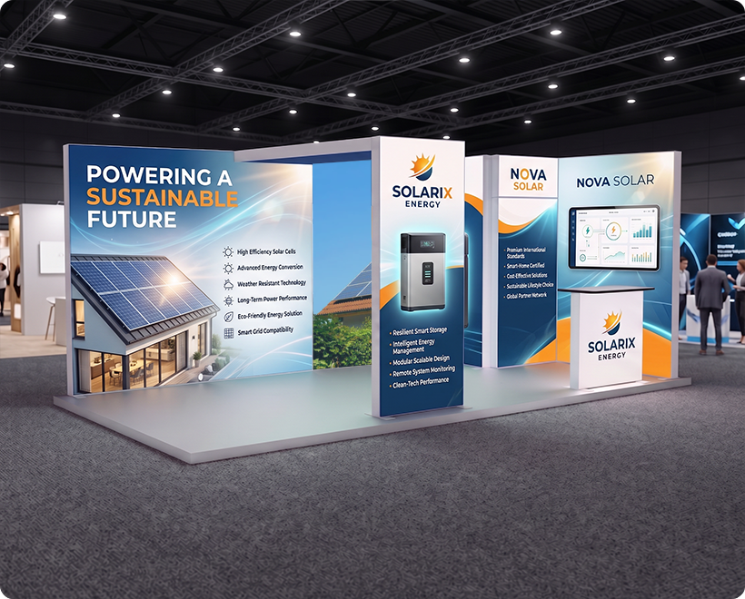 6 m Backlit Exhibition Stand - Premium LED Lightbox Display with Counters & Branding Panels Solar Panels