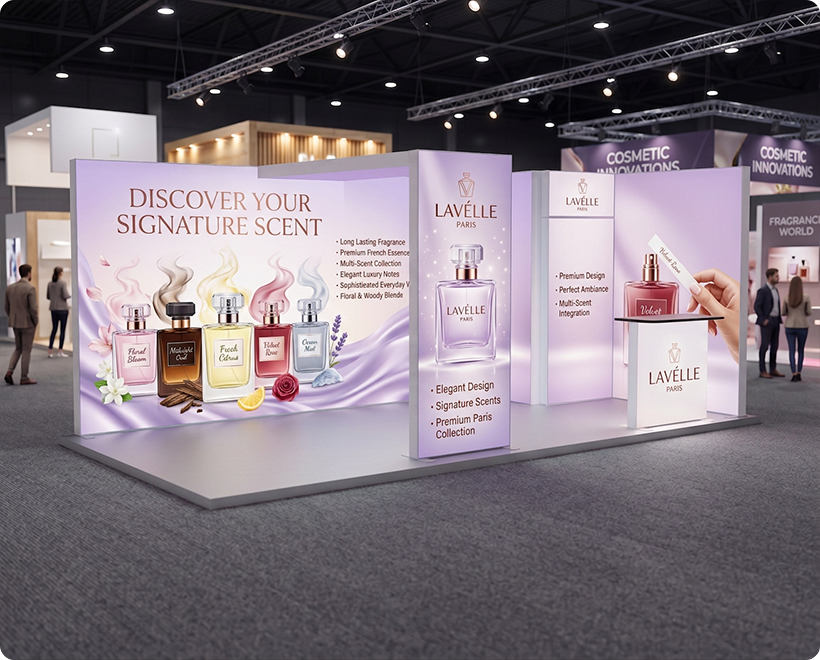 6 m Backlit Exhibition Stand - Premium LED Lightbox Display with Counters & Branding Panels Perfume Company