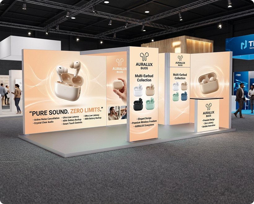 6 m Backlit Exhibition Stand - Premium LED Lightbox Display with Counters & Branding Panels Headphone Company
