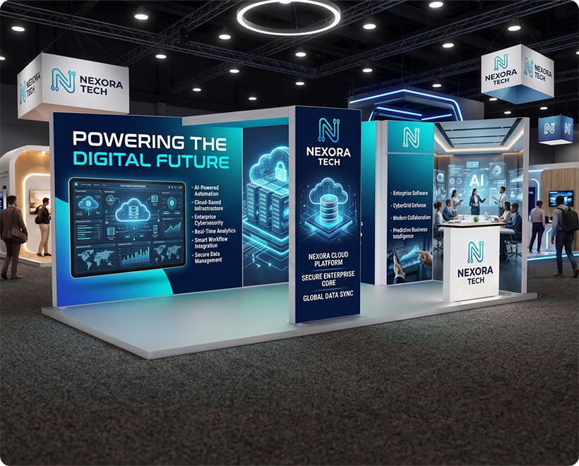 6 m Backlit Exhibition Stand - Premium LED Lightbox Display with Counters & Branding Panels Software Development Company