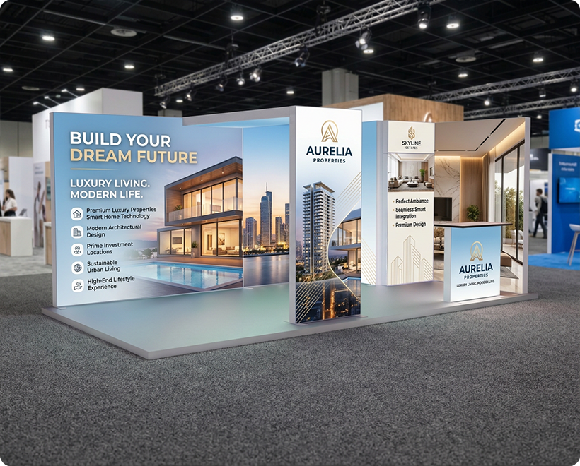 6 m Backlit Exhibition Stand - Premium LED Lightbox Display with Counters & Branding Panels Real Estate Marketing