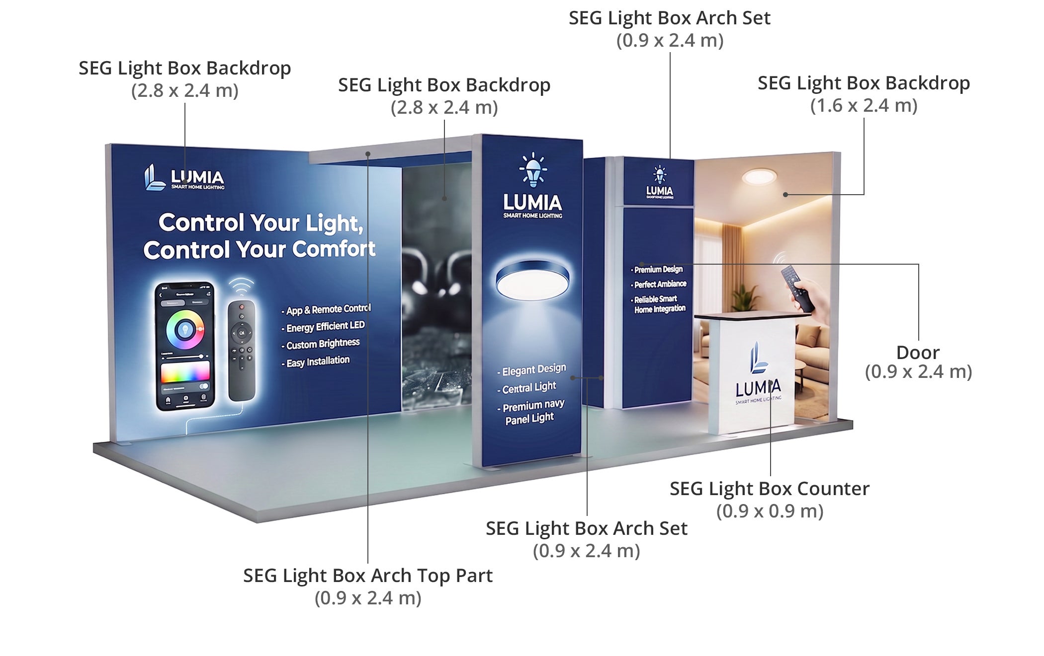 6 m Backlit Exhibition Stand - Premium LED Lightbox Display with Counters & Branding Panels Components & Sizes