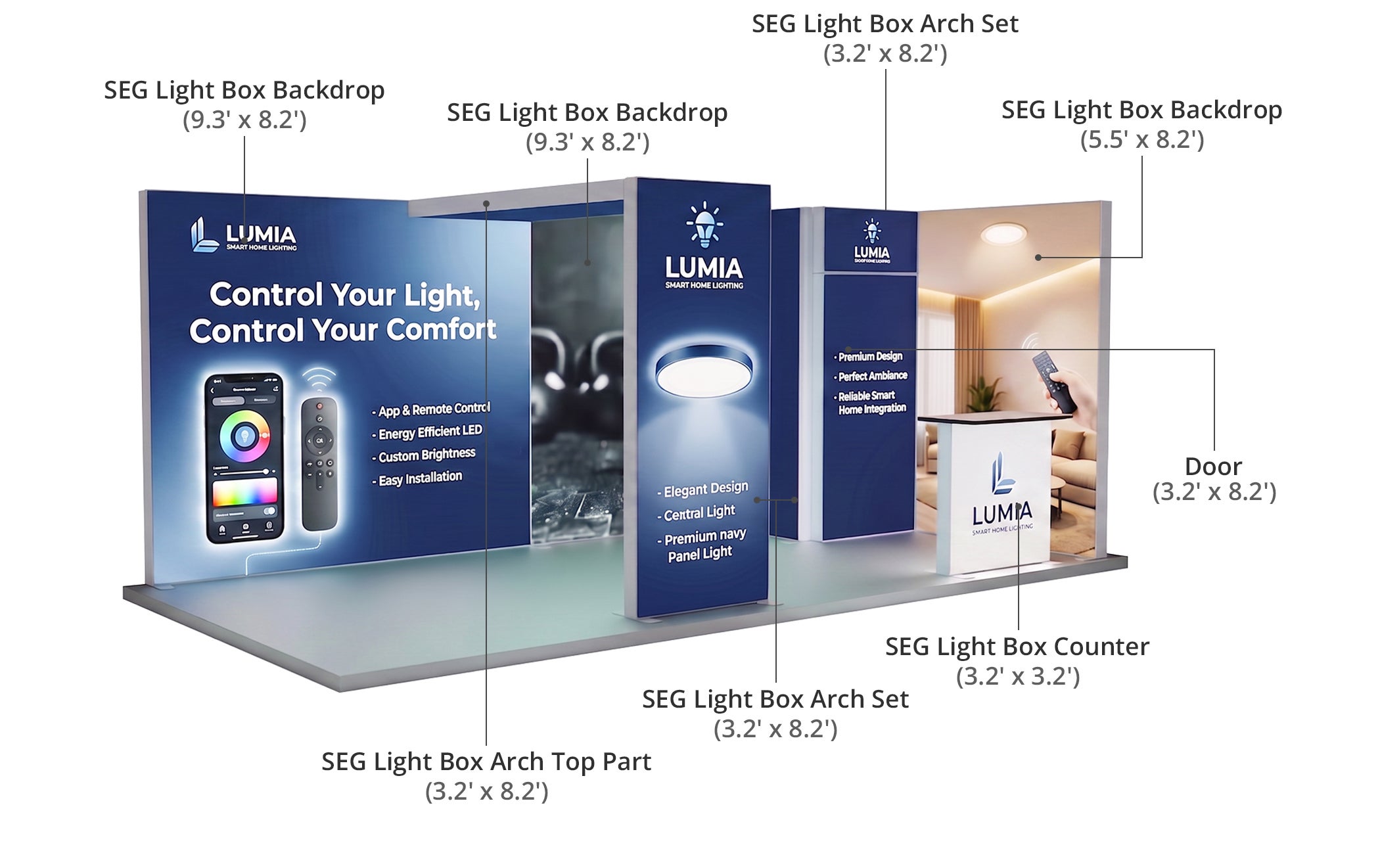 20 ft Backlit Trade Show Display - Premium LED Backwall Display with Counters & Branding Panels Components & Sizes