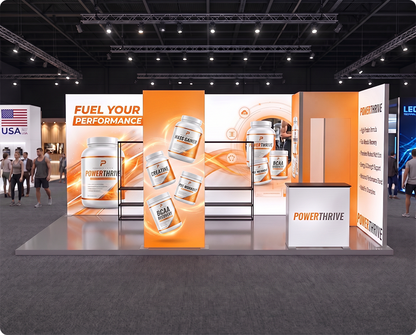 6 m Backlit Exhibition Stand - LED Lightbox Display with Counters & Graphics Protein Supplements