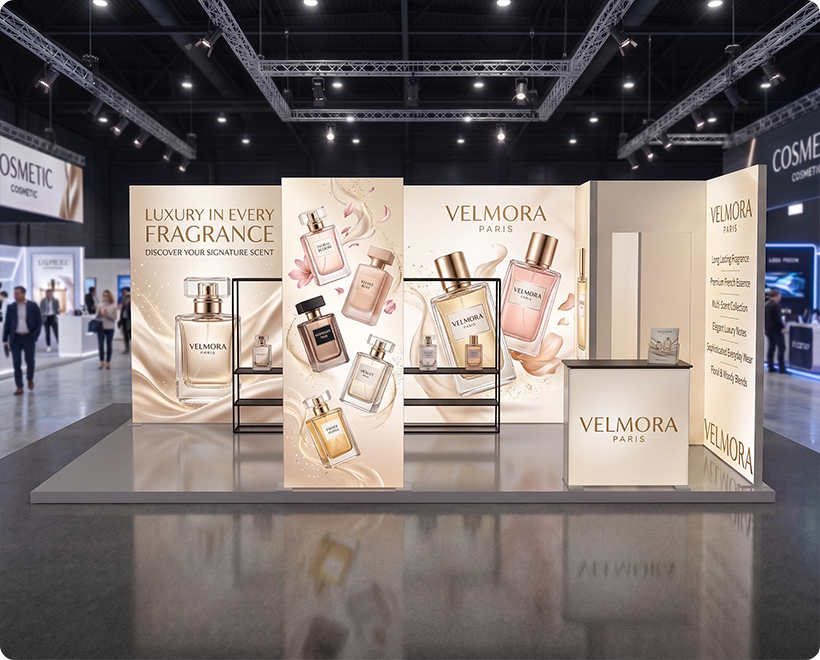 6 m Backlit Exhibition Stand - LED Lightbox Display with Counters & Graphics Skin Care Beauty Product