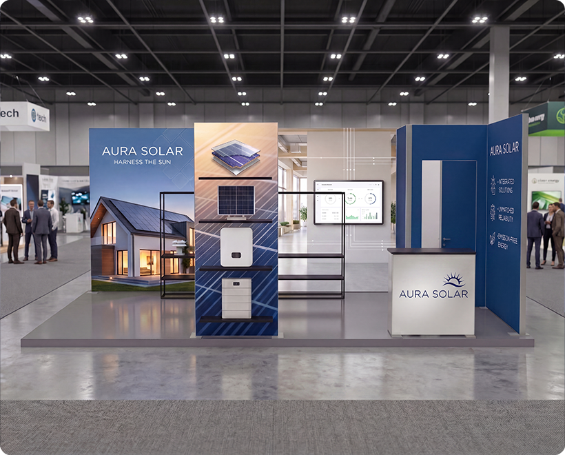6 m Backlit Exhibition Stand - LED Lightbox Display with Counters & Graphics Solar Panels
