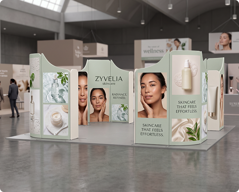 20ft Magnetic Modular Fabric Displays - 4 Curved L-Shape Sections Skin Care Beauty Product