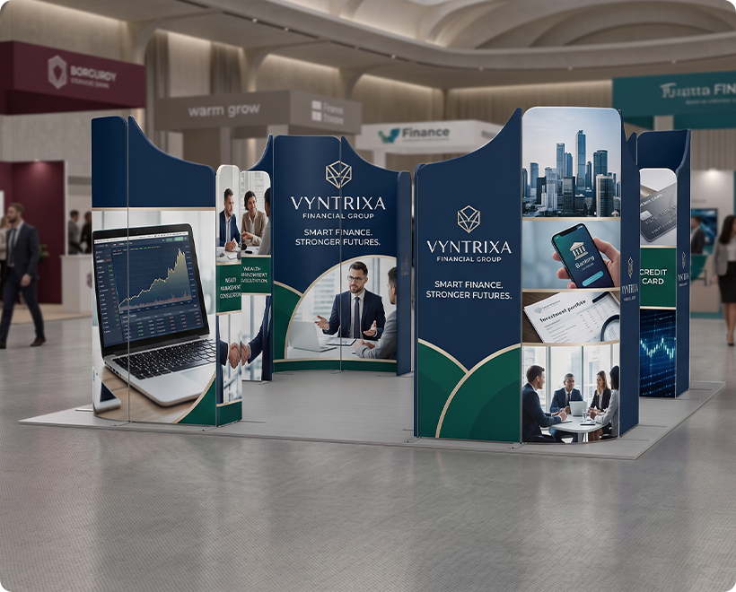 20ft Magnetic Modular Fabric Displays - 4 Curved L-Shape Sections Finance Company