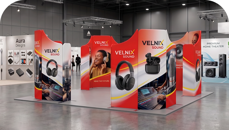 20ft Magnetic Modular Fabric Displays - 4 Curved L-Shape Sections banner image mobile