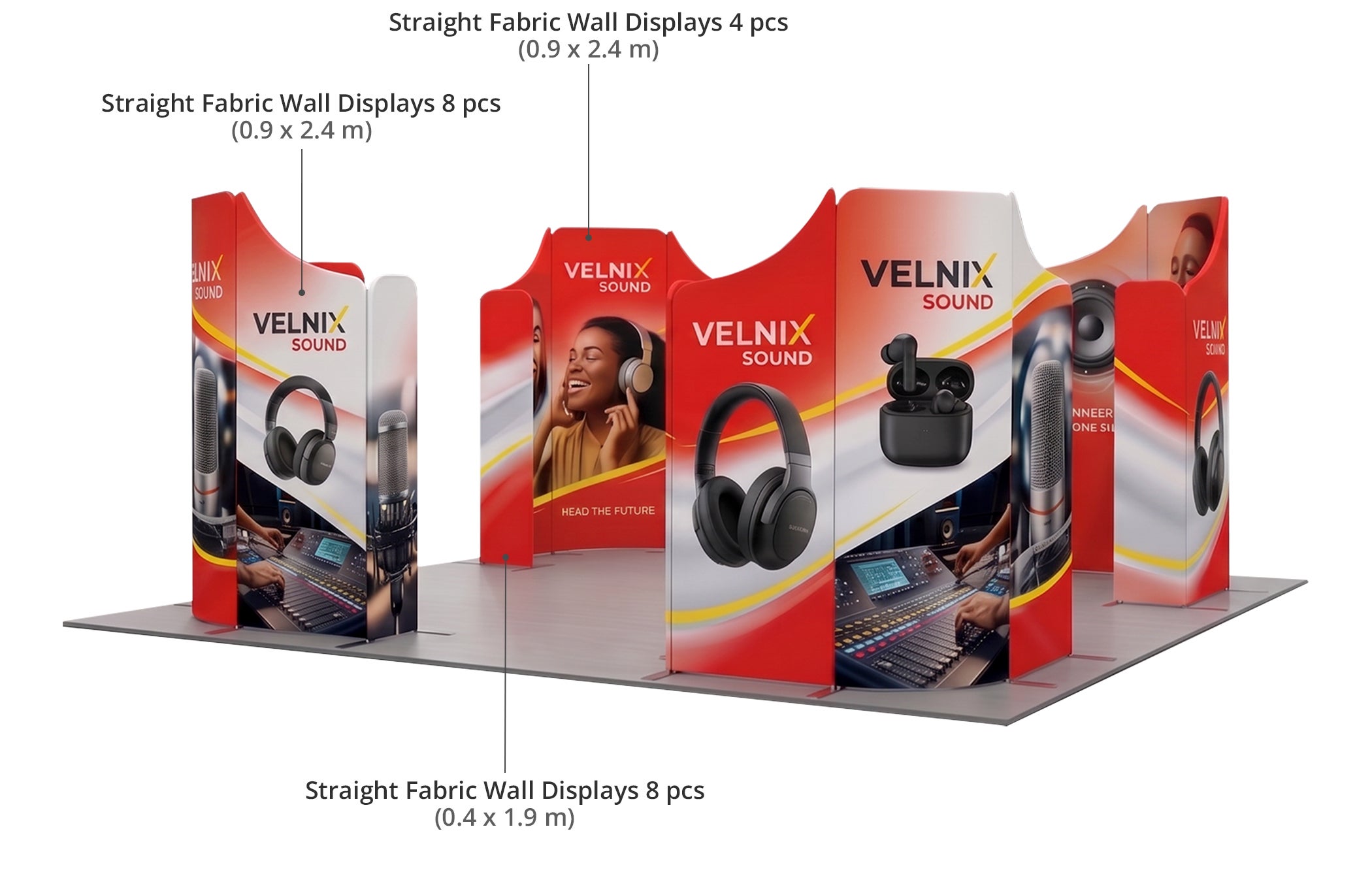 20ft Magnetic Modular Fabric Displays - 4 Curved L-Shape Sections Components & Sizes