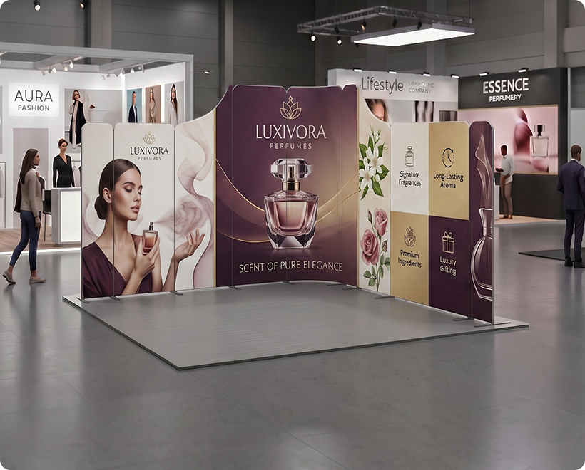13 ft Magnetic Modular Fabric Displays - Dynamic Curved L Shape Perfume Company