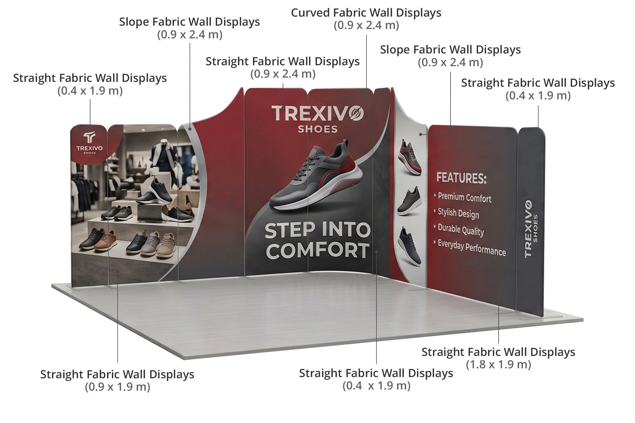 4 m magnetic modular fabric display - Dynamic Curved L Shape Components & Sizes