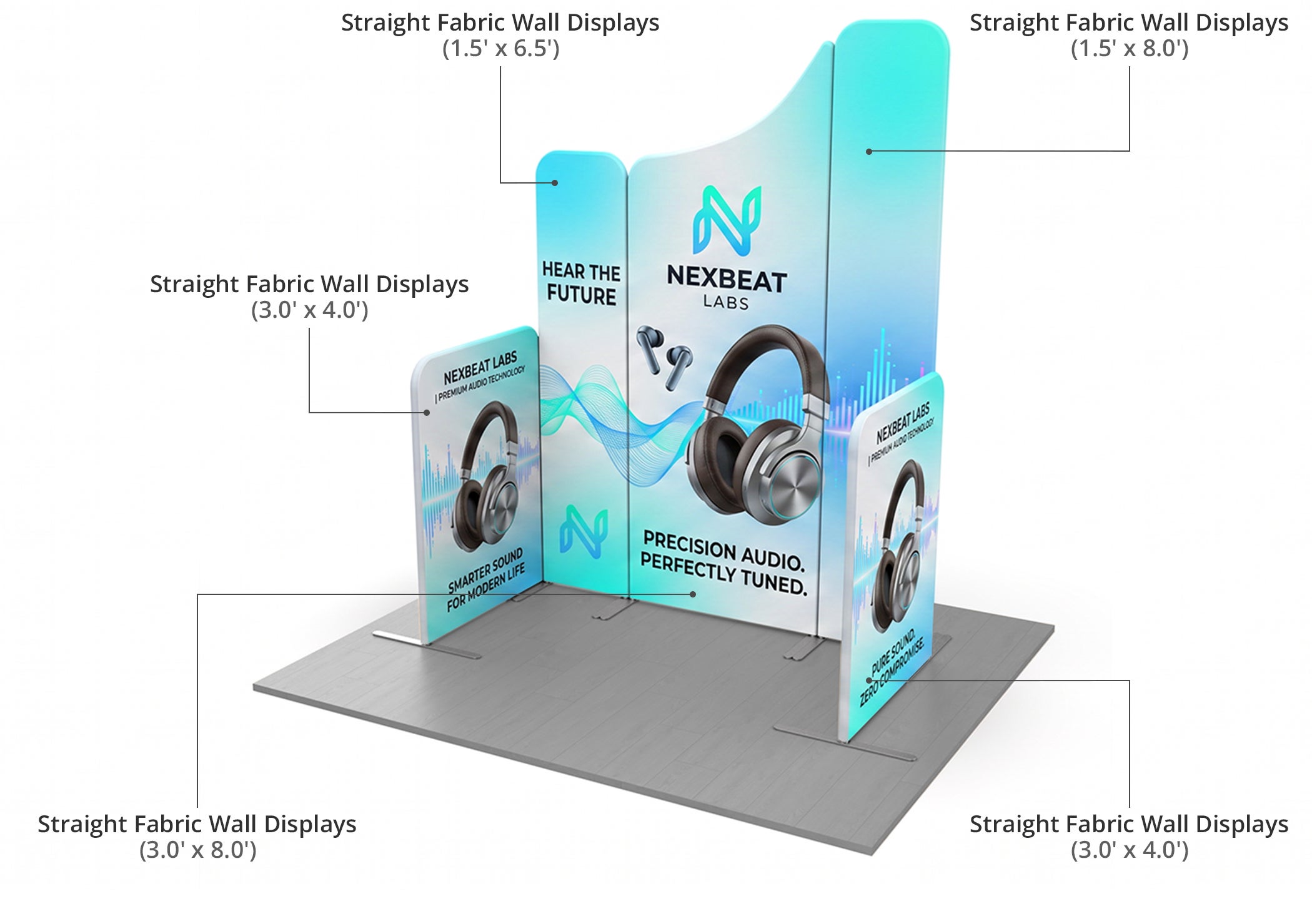 6.5 ft Magnetic Modular Fabric Display - Five Maglock Panels Components & Sizes