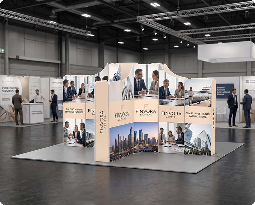 5 x 5 m Magnetic Modular Fabric Displays - Island Shape Finance Company