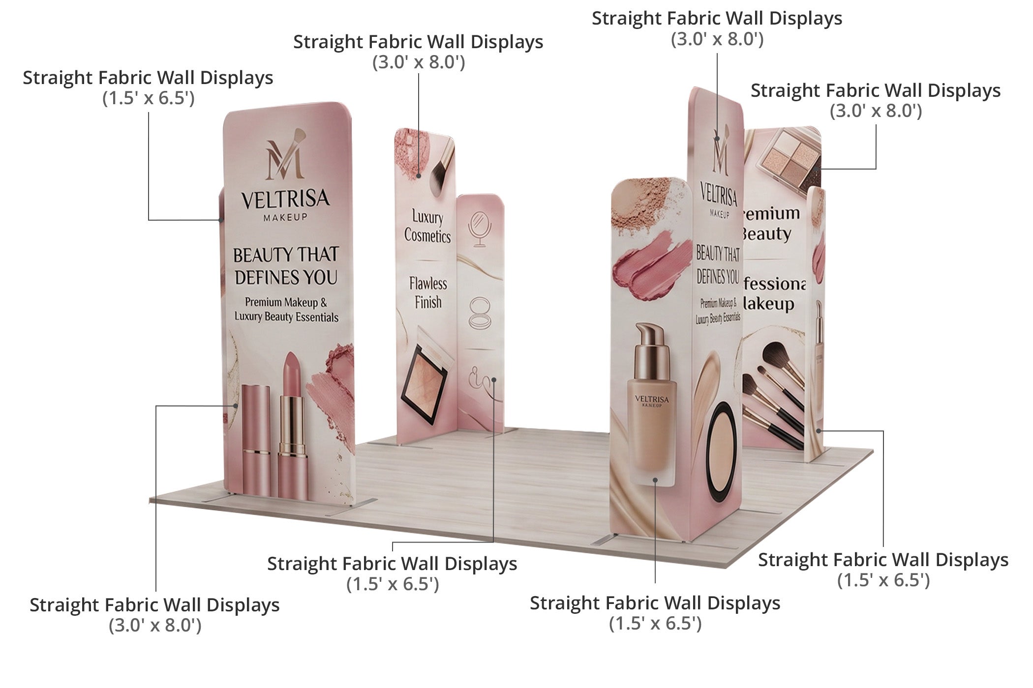 10 ft Magnetic Modular Fabric Displays - L Shape Four Corner Kit Components & Sizes