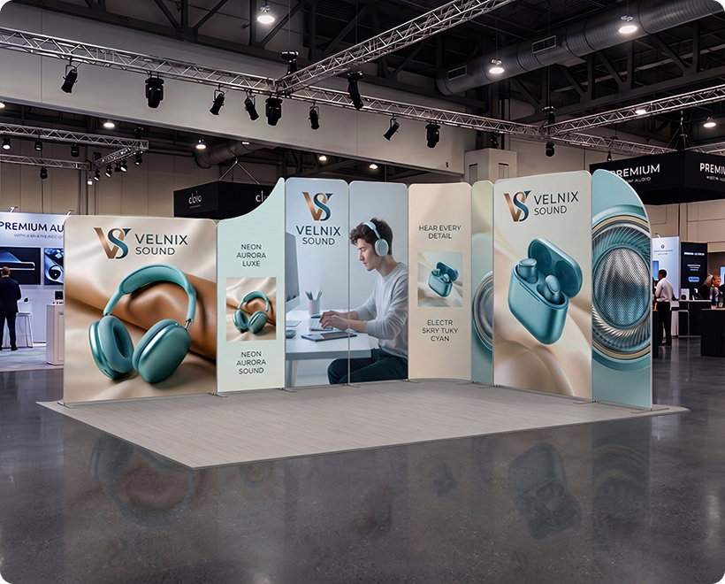 16.4x13 ft Magnetic Modular Fabric Displays - L Shape Headphone Company