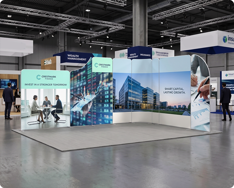 16.4x13 ft Magnetic Modular Fabric Displays - L Shape Network Marketing Company