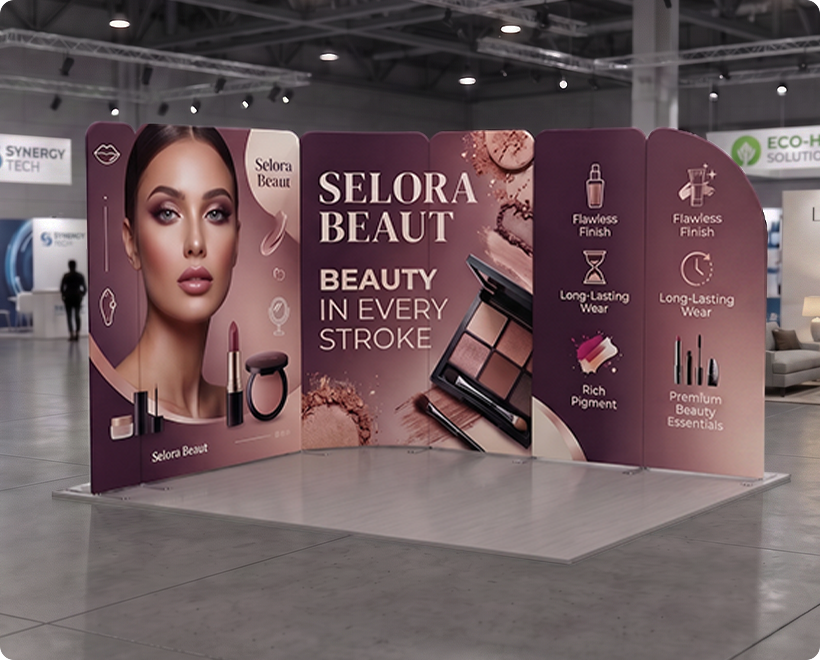 10 ft Magnetic Modular Fabric Displays - L Shape Sloped Makeup Brand