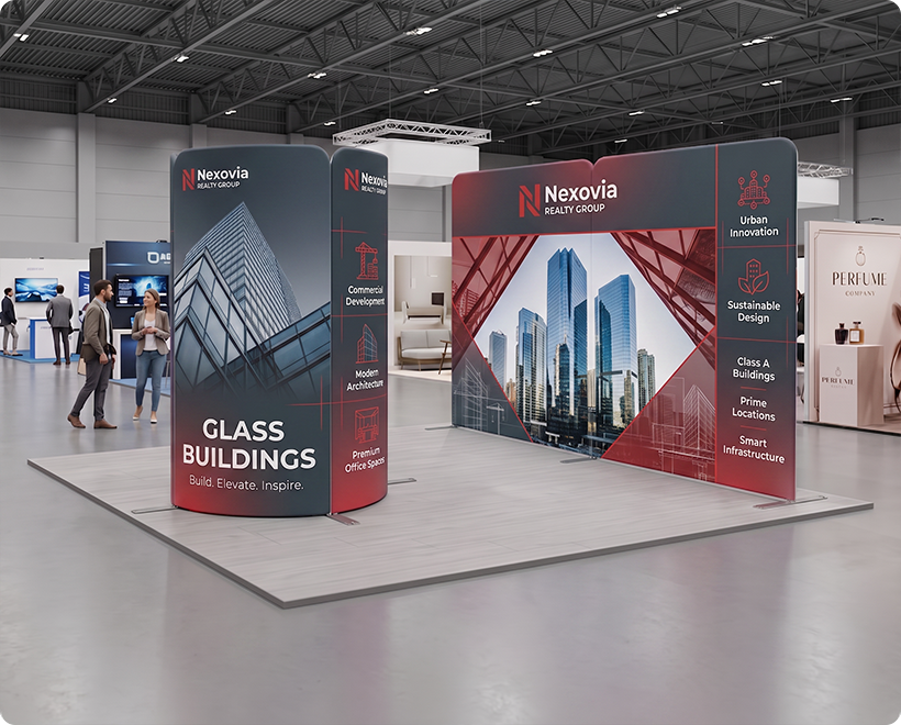 13 ft Magnetic Modular Fabric Display - Tower Island Shape with Backwall Real Estate Marketing