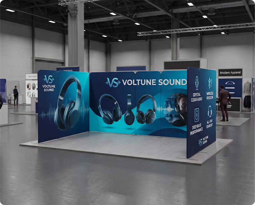 16.4 x 10 ft Magnetic Modular Fabric Displays - U Shape Curved Headphone Company