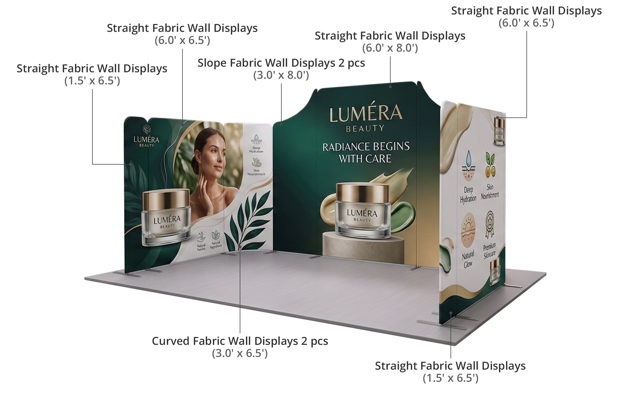 16.4 x 10 ft Magnetic Modular Fabric Displays - U Shape Components & Sizes