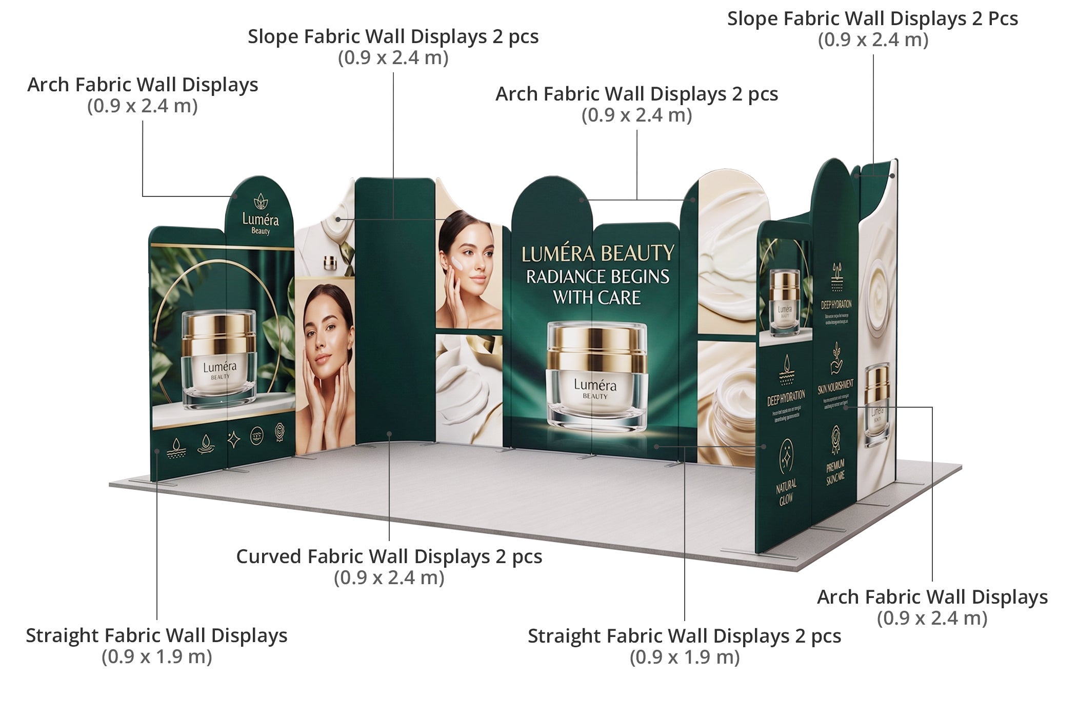 20 ft Magnetic Modular Fabric Displays - U Shape Curved Components & Sizes