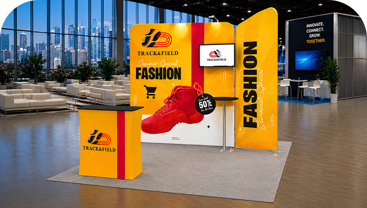 10ft Inline Trade Show Booth - Fabric Backwall Display with Counter & LED Lights banner image mobile