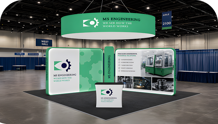 20ft Island Trade Show Booth – 360° Display with Overhead Banner & Counters banner image mobile