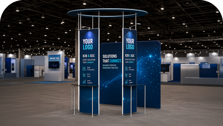 10 ft Island Trade Show Booth with Circular Header banner image mobile