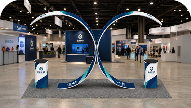 20ft Island Twin Arch Display Booth banner image mobile